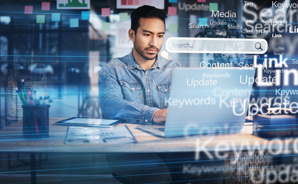 Employee on digital technology internet and office browsing overlay on website